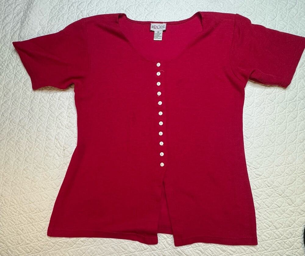 VTG Argee Womens Red Knit Cardigan Sweater Button Front Short Sleeve Medium